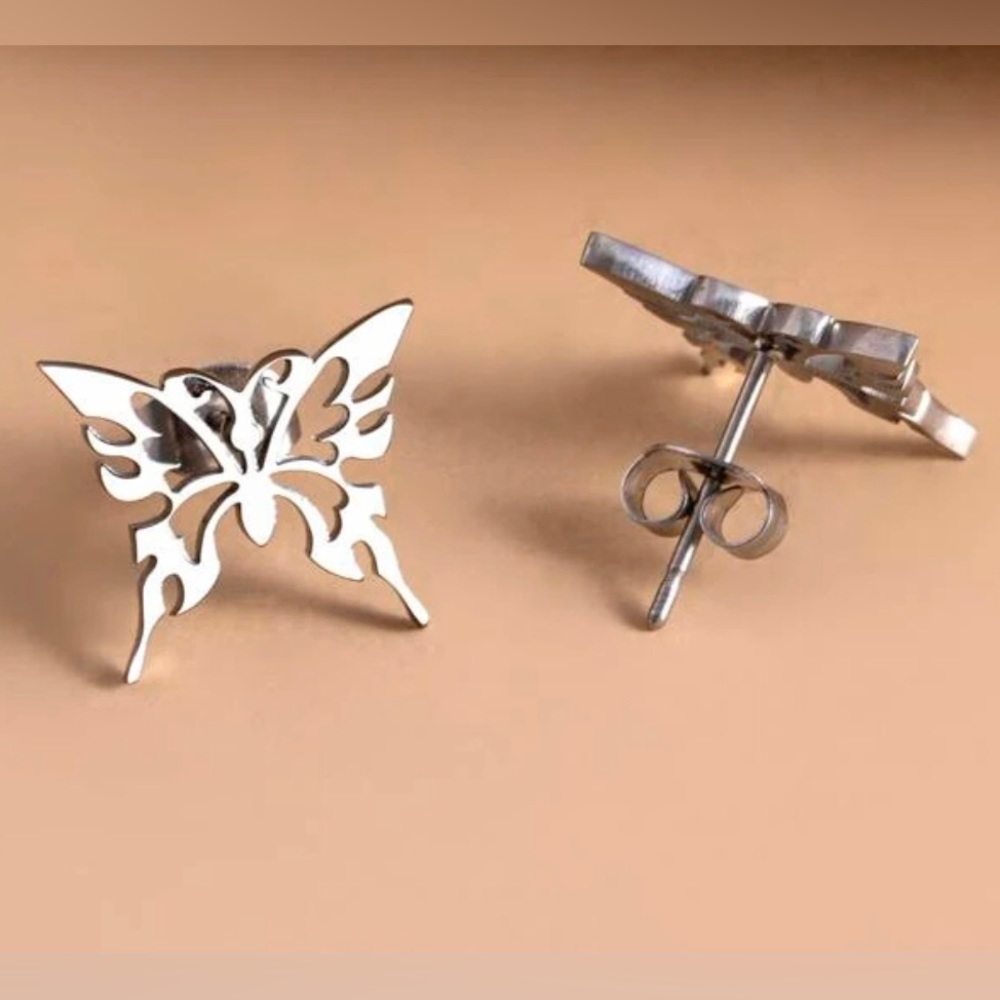 “Tribal Butterfly” Silver Stainless Steel Lasercut Cut-out Hollow Dainty Earring - Picture 6 of 6